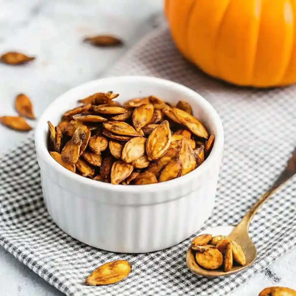 Pumpkin Seed Recipe Golden roasted in a white ramekin with a spoonful on the side