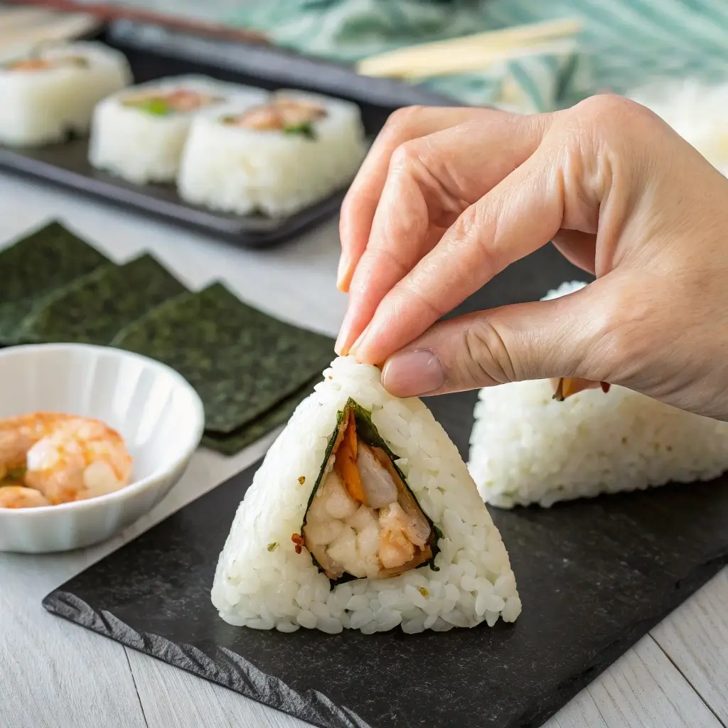 Onigiri Shrimp Recipe: Easy Japanese Rice Balls with a Seafood Twist onigiri shrimp recipe Shaping shrimp onigiri by hand