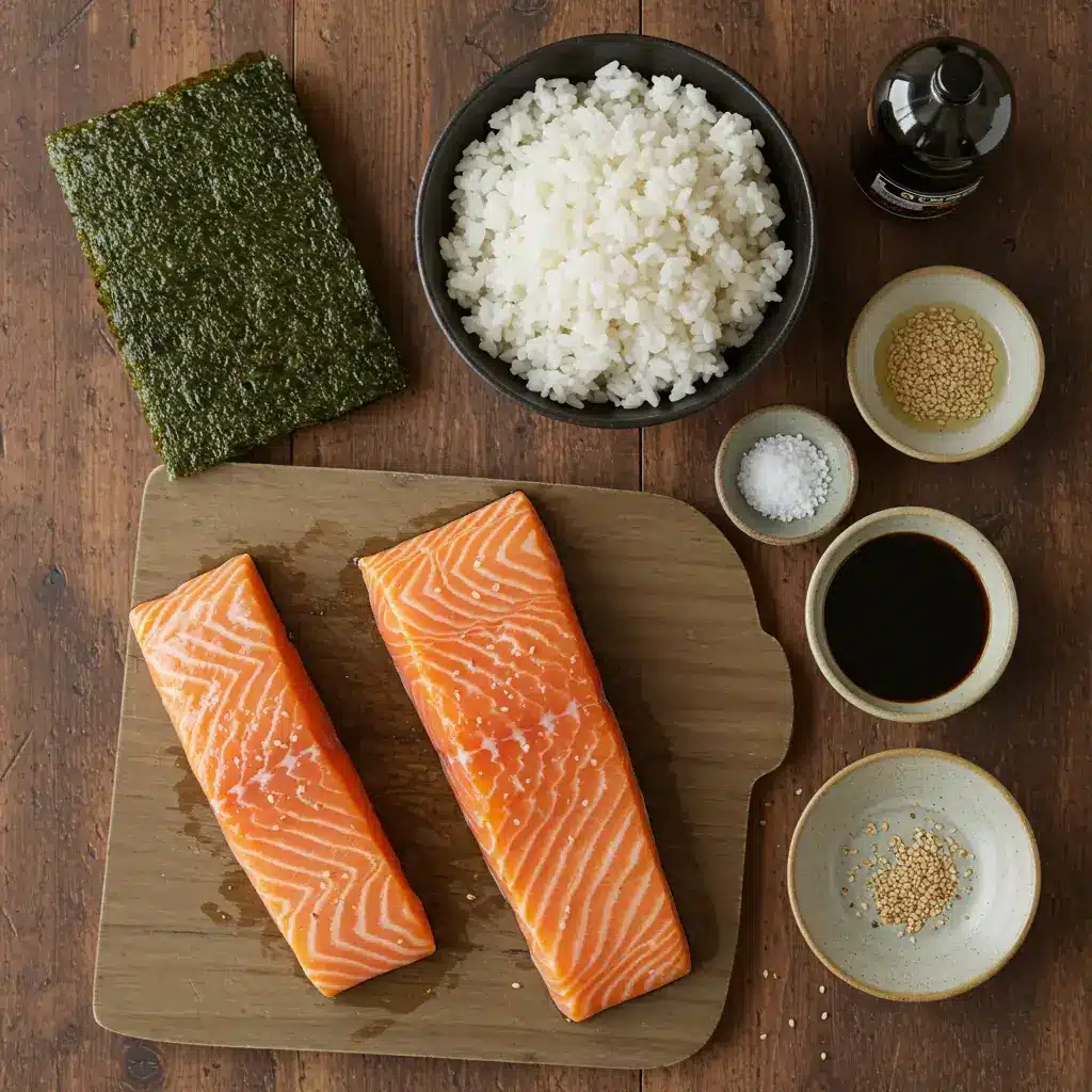 Grilled Salmon Onigiri Recipe: Crispy, Flavor-Packed Rice Balls You’ll Crave grilled salmon onigiri recipe Ingredients for grilled salmon onigiri recipe on wooden surface