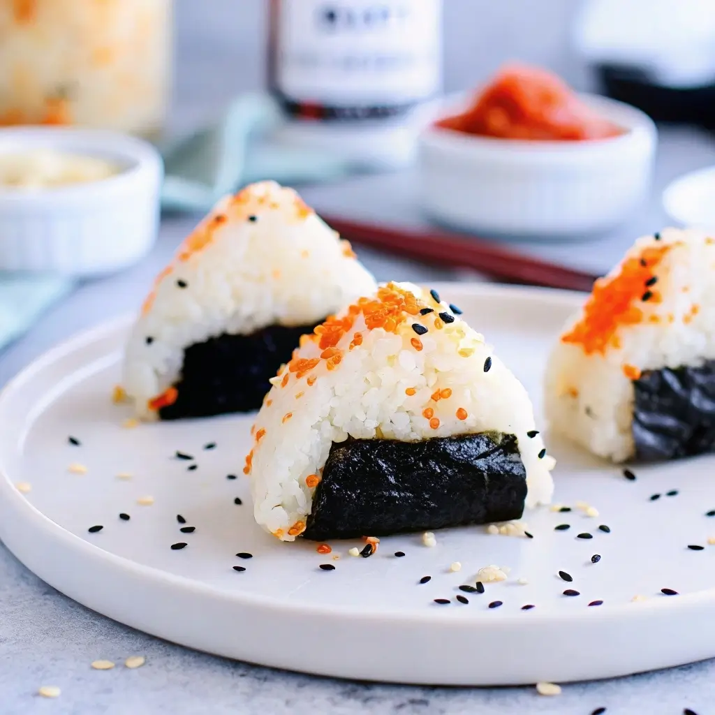 Grilled salmon onigiri recipe served with miso soup and pickles
