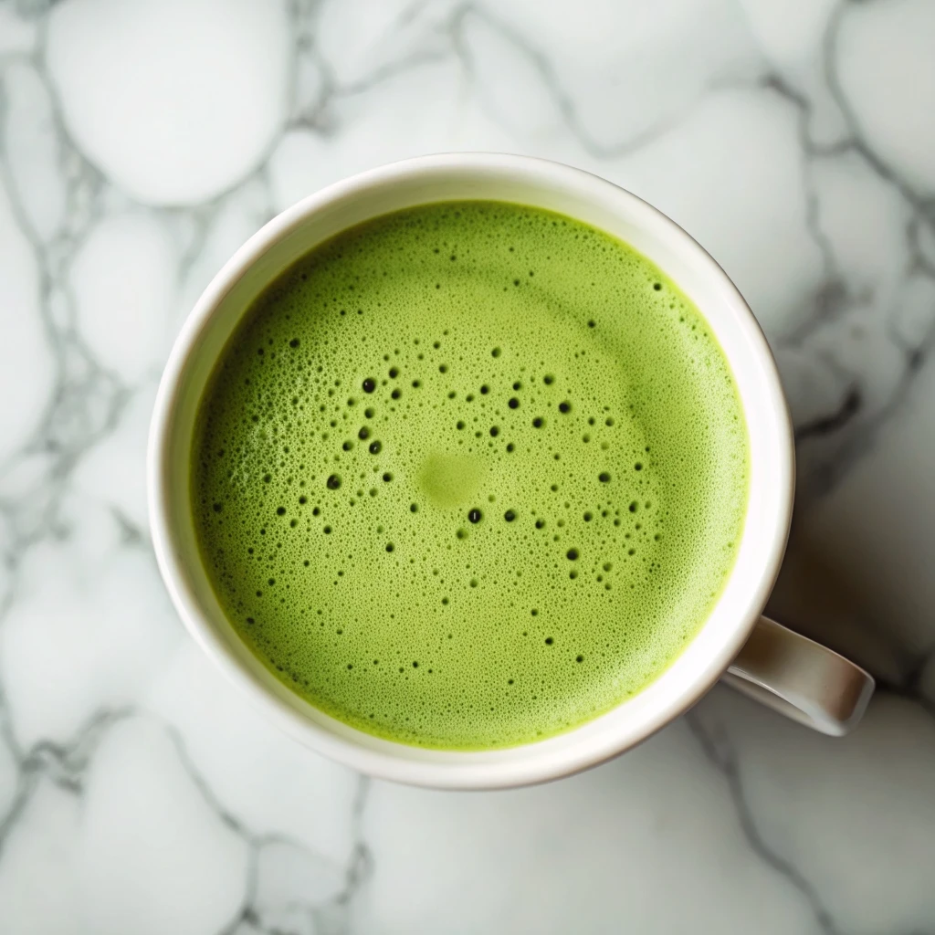 Japanese Mounjaro Recipe: Natural Weight Loss Drink That Works japanese mounjaro recipe A top-down, flat-lay photo of a white mug filled with a vibrant, frothy green matcha latte, resting on a white and grey marble surface.
