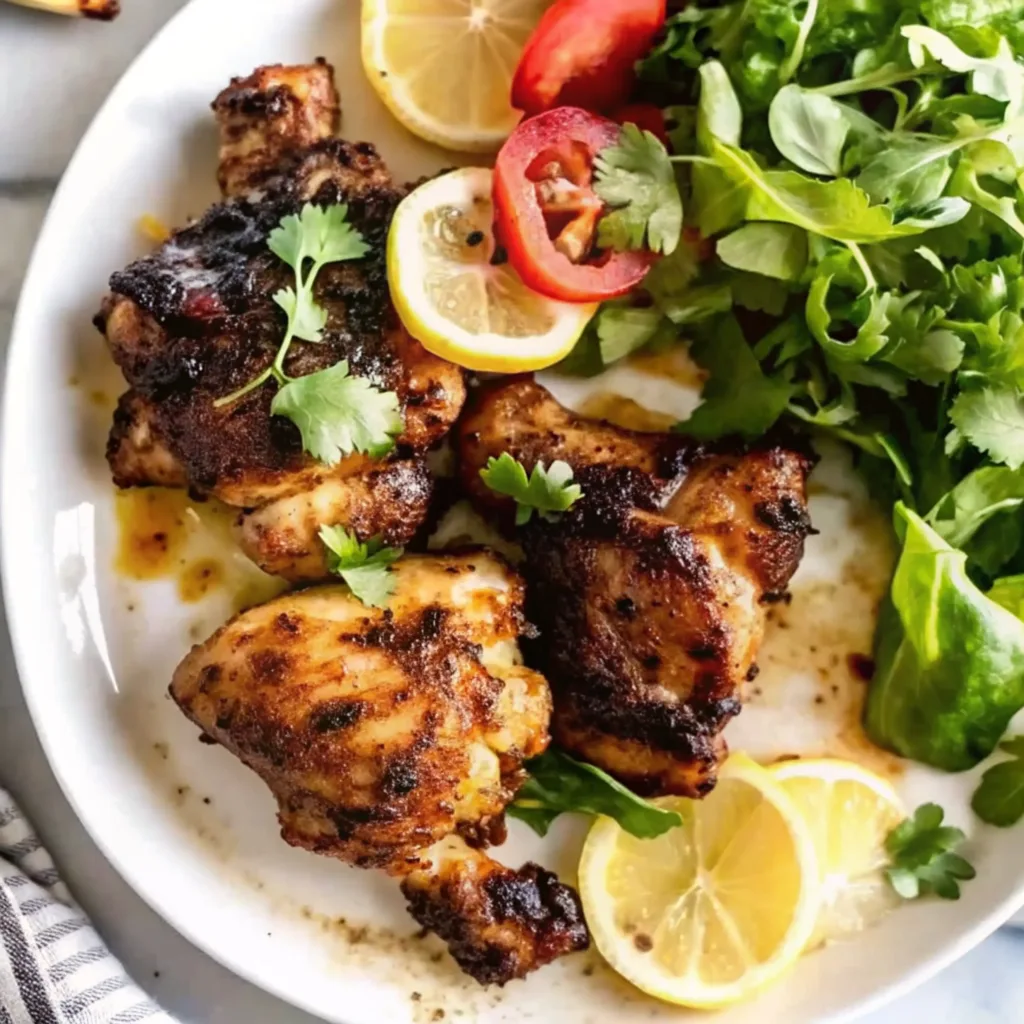 The Best Authentic Shawarma Chicken Wrap Recipe (Easy Method) shawarma chicken wrap recipe A chicken shawarma bowl served on a white plate, featuring juicy grilled chicken alongside a fresh arugula salad and lemon wedges.
