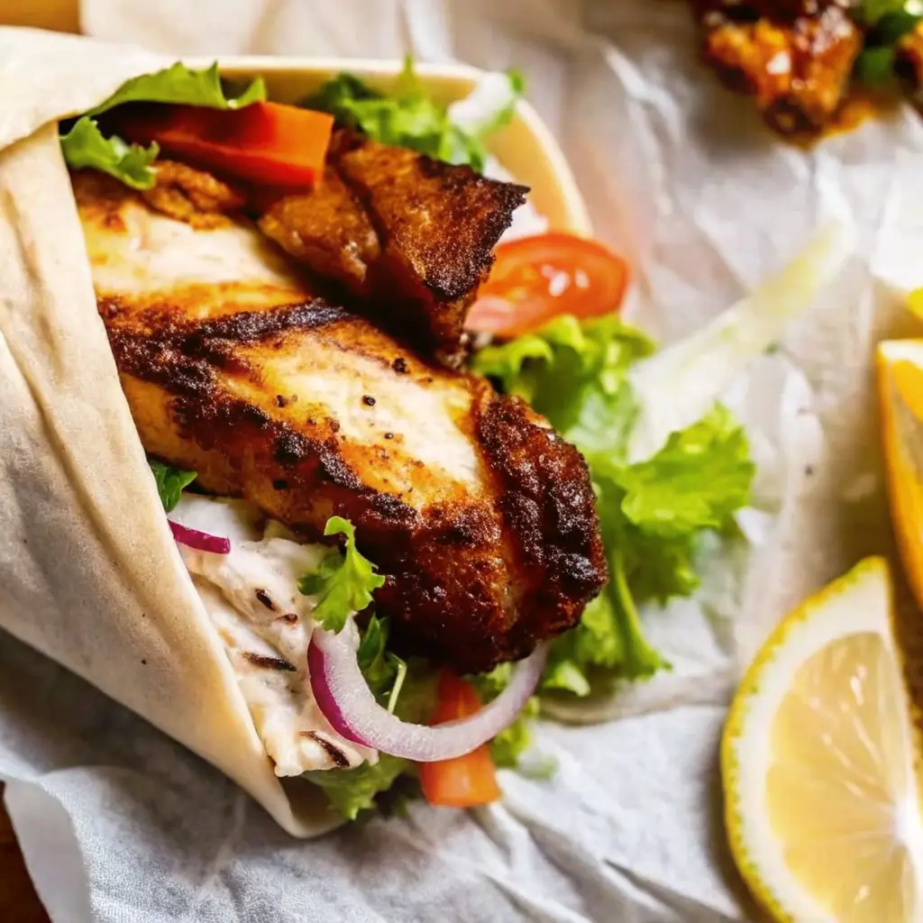 A freshly made shawarma chicken wrap recipe filled with grilled chicken, lettuce, tomato, and red onion, resting on parchment paper.