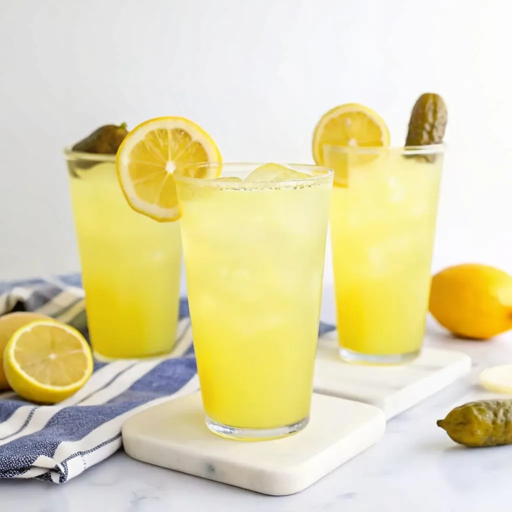 Dill Pickle Lemonade Recipe dill pickle lemonade recipe Three glasses of Dill Pickle Lemonade Recipe with lemon slices and pickles for garnish