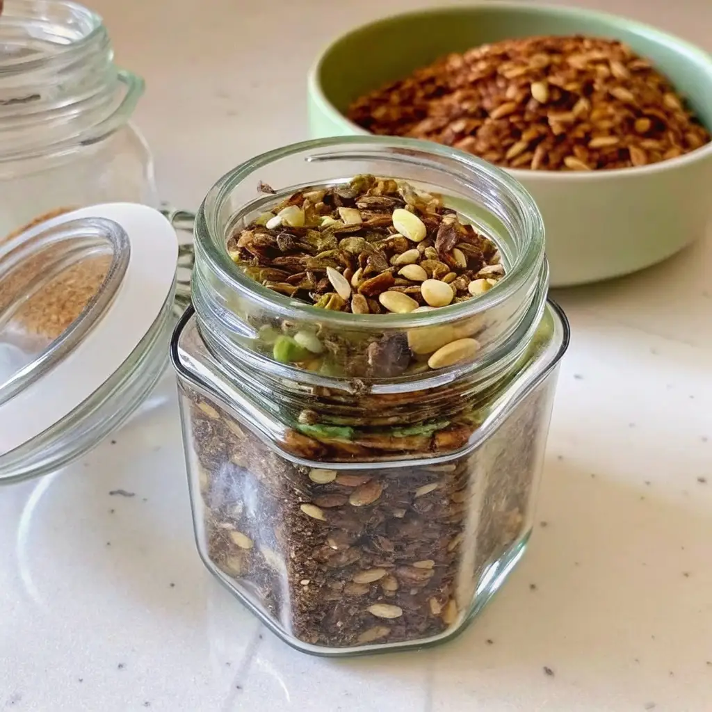 The Ultimate Bariatric Seed Recipe bariatric seed recipe The finished bariatric seed recipe stored in a hexagonal glass jar with an airtight lid, ready for a post-op diet.