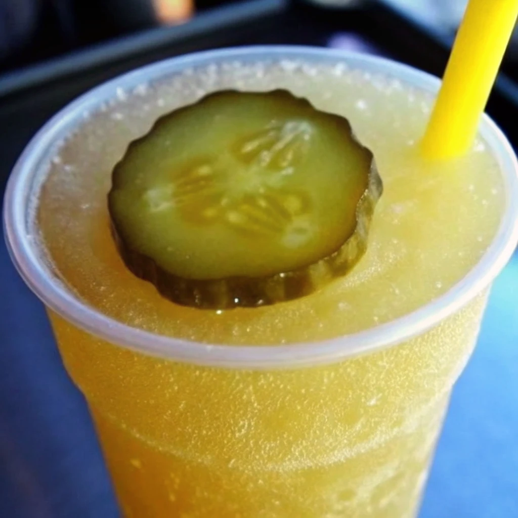 Lemonade and Pickle Juice: Weird or Wonderful? Lemonade and Pickle Juice A cup of Lemonade and Pickle Juice topped with a sliced pickle