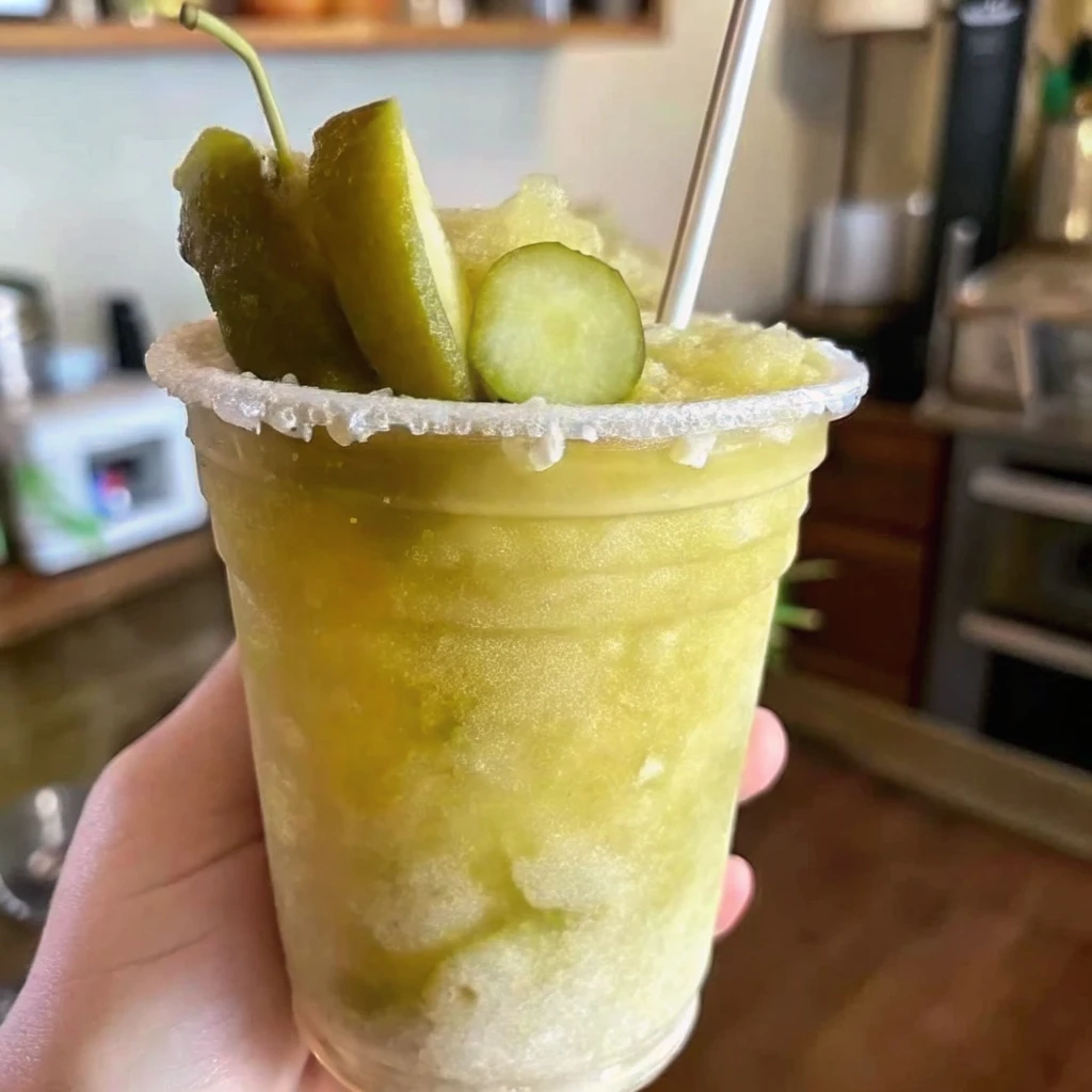 How to Pick the Perfect Dill Pickle Juice for Lemonade dill pickle juice for lemonade Frozen dill pickle juice for lemonade topped with sliced pickles and served in a sugar-rimmed cup
