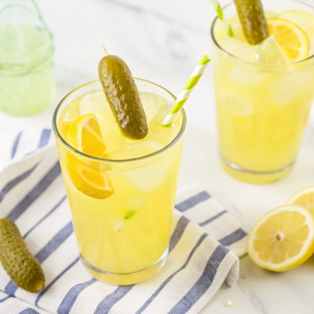 Lemonade and Pickle Juice: Weird or Wonderful? Lemonade and Pickle Juice Glass of homemade Fried Pickle Lemonade garnished with lemon slices and a whole pickle