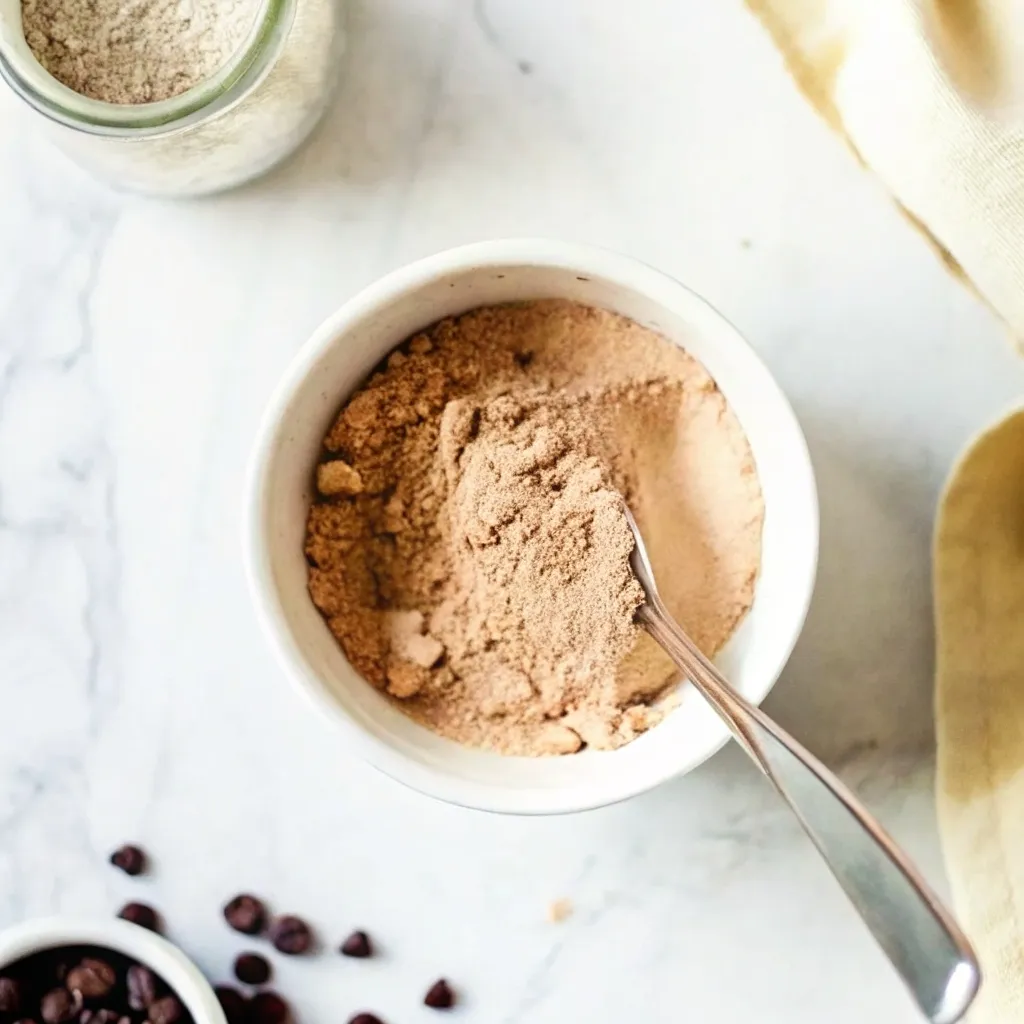 The Only Kodiak Mug Cake Recipe You'll Ever Need kodiak mug cake recipe Mixing the Kodiak pancake mix and cocoa powder together in a white mug with a spoon for the first step of the mug cake recipe.