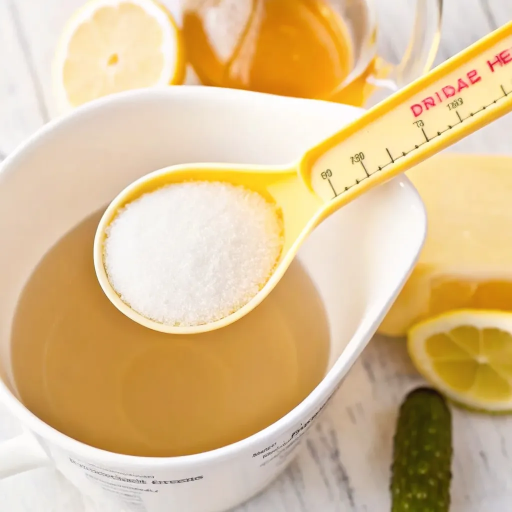 Pickled Lemonade Recipe: The Definitive Guide pickled lemonade recipe Measuring spoon of granulated sugar over a cup of lemon liquid with fresh lemon and pickle nearby