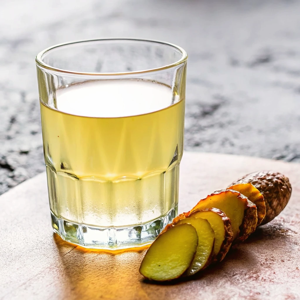 Homemade Electrolyte Drinks with Pickle Juice homemade electrolyte drinks with pickle juice Glass of pickle brine with sliced pickles on a wooden board