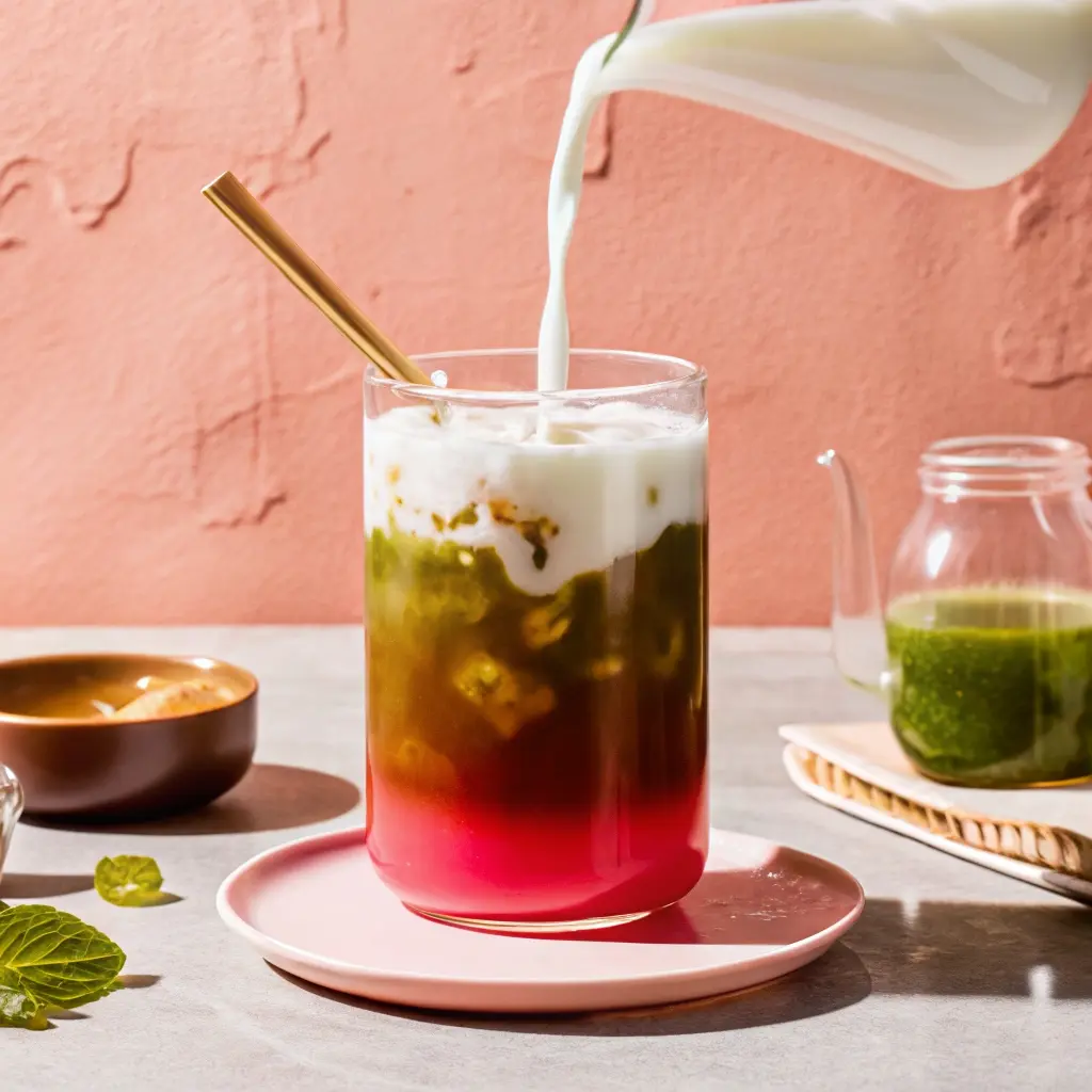 Watermelon Matcha Lemonade watermelon matcha lemonade A layered watermelon matcha lemonade in a clear glass with milk being poured on top, surrounded by matcha powder, honey, and a pitcher of prepared matcha