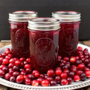 Jellied cranberry sauce in mason jars surrounded by fresh cranberries