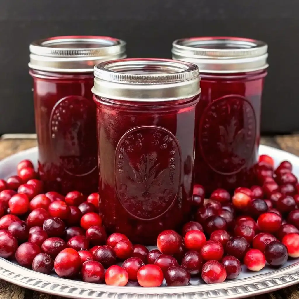 Jellied cranberry sauce in mason jars surrounded by fresh cranberries