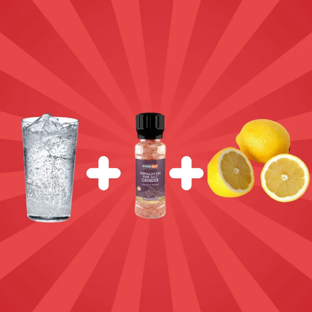 The REAL Japanese Pink Salt Recipe: Authentic vs. The Viral 'Trick' japanese pink salt recipe Glass of water, Himalayan pink salt grinder, and fresh lemons on a red background with plus signs