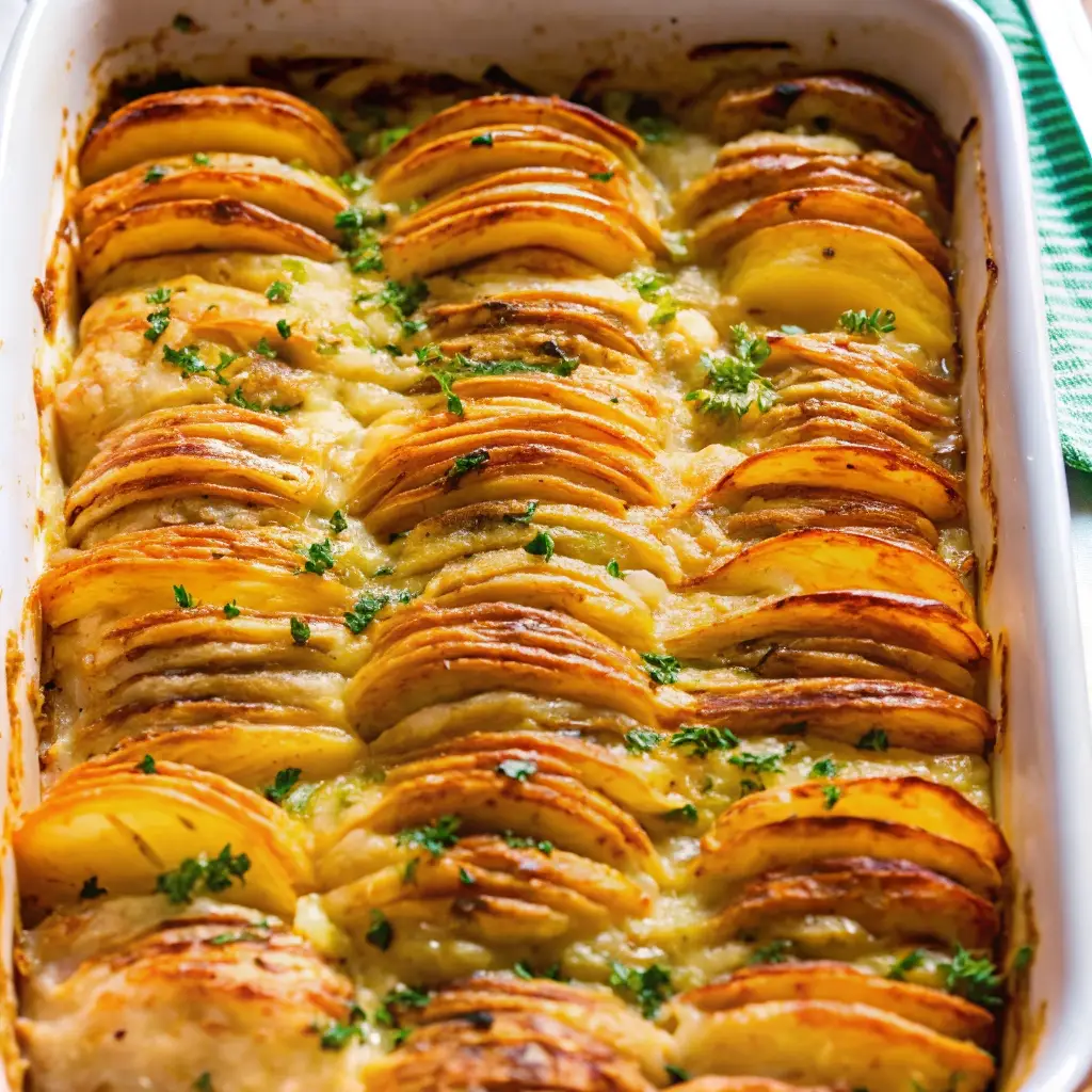 Scalloped potatoes baked with golden cheesy top