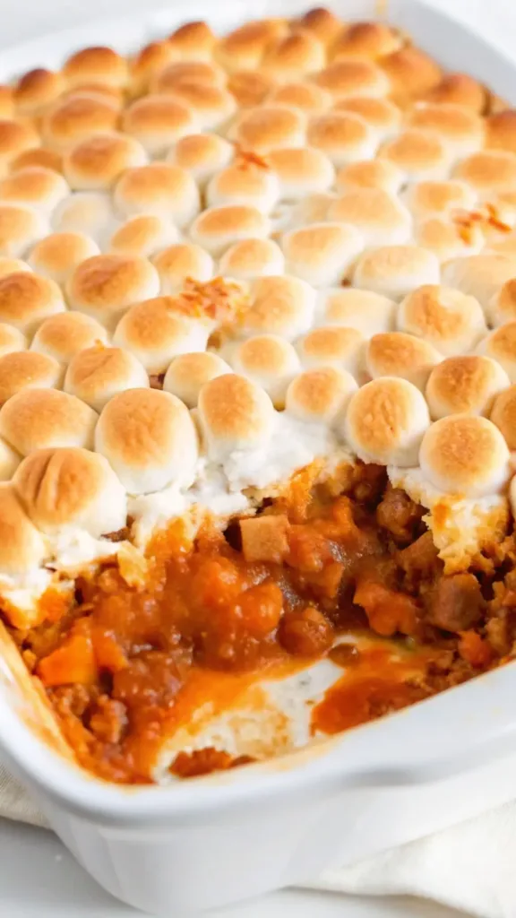 Sweet Potato Casserole with Marshmallows: Cozy, Classic, and Irresistible Sweet Potato Casserole with Marshmallows Sweet potato casserole topped with toasted marshmallows in a white baking dish