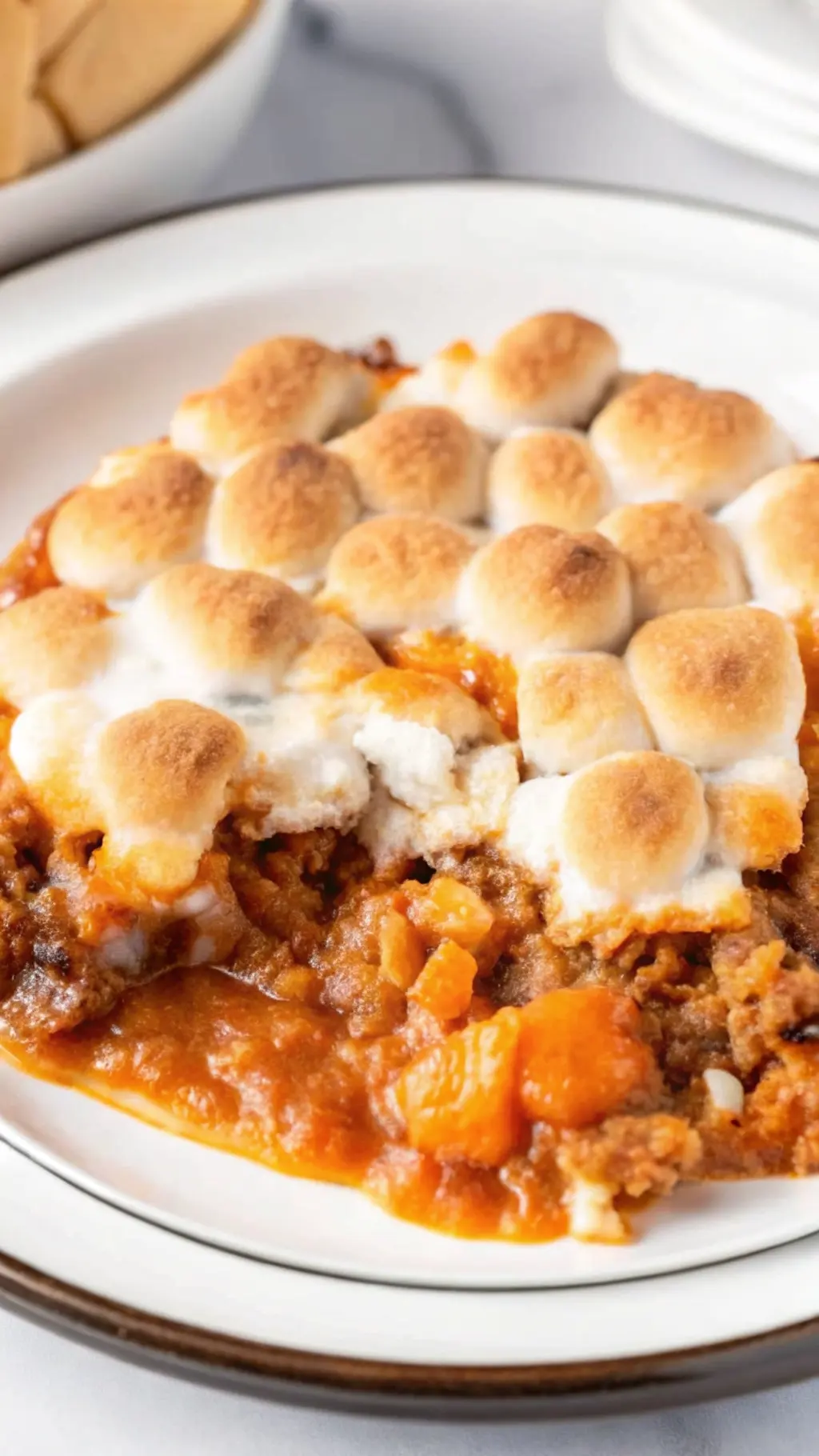 Sweet potato casserole with toasted marshmallows served on a plate
